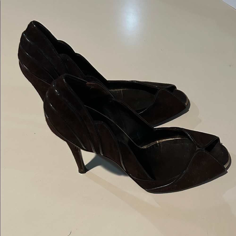 Fendi Brown Suede Peep-Toe Heels - Picture 7 of 11